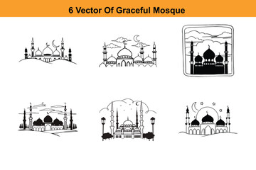 Minimalist mosque silhouette, black and orange Islamic art decor. Islamic mosque buildings in silhouette for background design, Banner design,