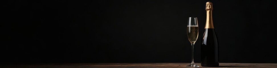 Elegant champagne bottle & glass, dark background, bottle, glass