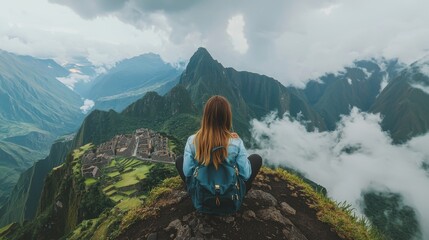 Perched on a rock, a female traveler wearing an orange backpack gazes out at the awe-inspiring vista of Machu Picchu and the Andes mountains