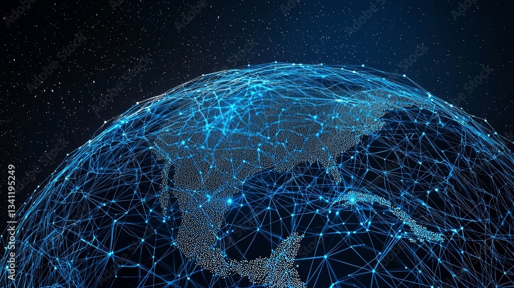 Poster a 3d render illustrates the digital globe network, highlighting glowing data transfer and cyber tech
