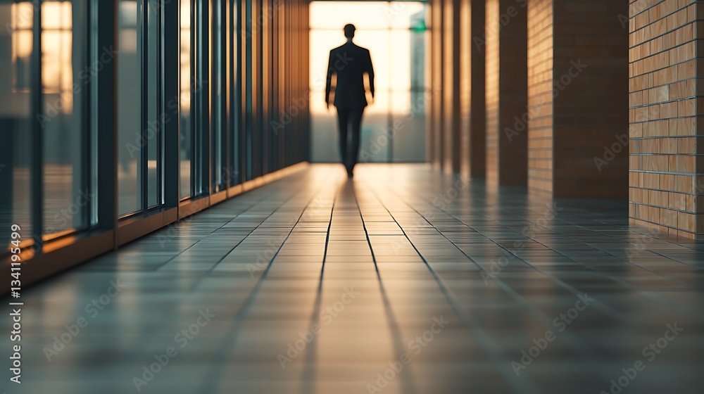 Poster a silhouette of a man walking down a corridor, illuminated by soft light, creating a serene and cont