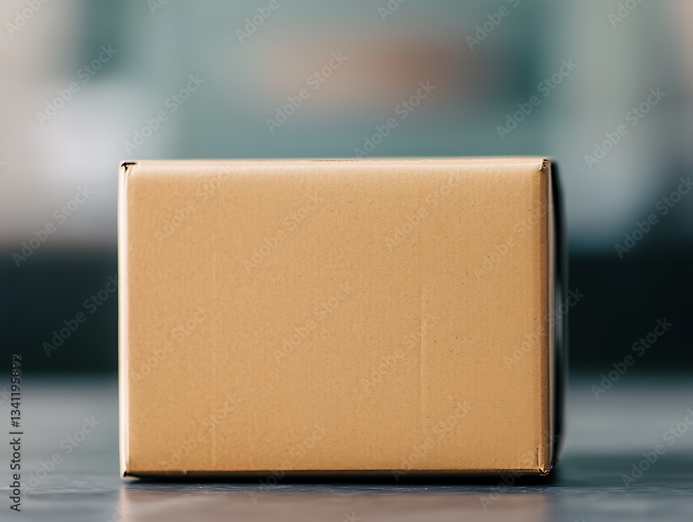 Poster a plain, brown cardboard box is centered in the image, set against a blurred background, emphasizing