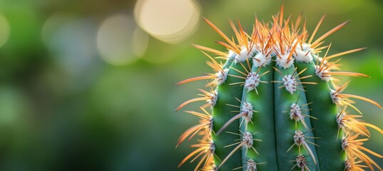 Close-up of a cactus with sharp orange spines against a blurred green background.
