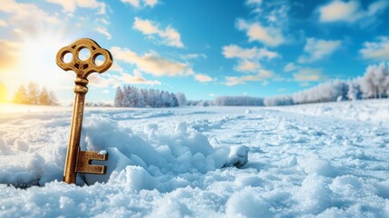 Golden Key Partially Covered in Soft Snow Under Bright Sky