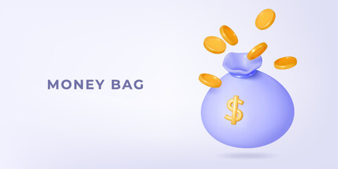 3d money bag with flying golden coins and clouds. Financial, investment, business or payment concept. 3d render illustration.