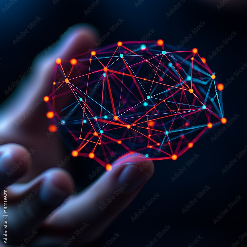 Poster a hand holds a glowing, abstract representation of a network, symbolizing connections and data in a 
