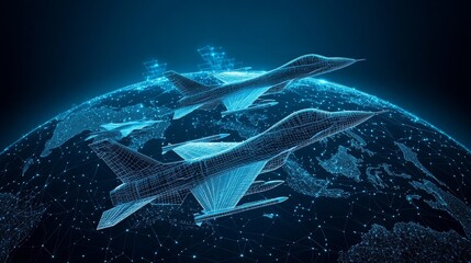 The image depicts a wireframe jet fighter soaring above a digital map of the terrain