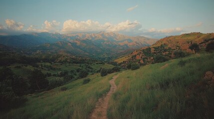 Embark on a thrilling journey through the Majestic mountain range, whose winding hiking trail is a haven for adventure and exploration, as beautifully represented in a minimalist illustration
