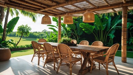 Fototapeta premium A tropical outdoor dining area with a rustic wooden table and eight rattan chairs, set under a shaded pergola made of bamboo and wooden beams.