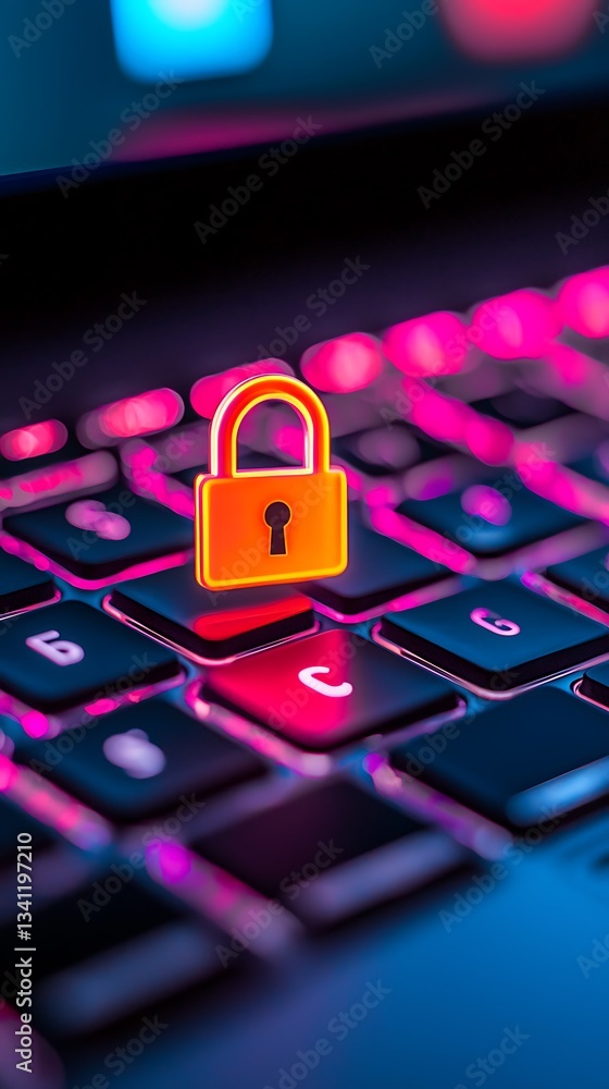 Poster a vibrant keyboard with a digital lock icon, symbolizing cybersecurity and data protection in a mode