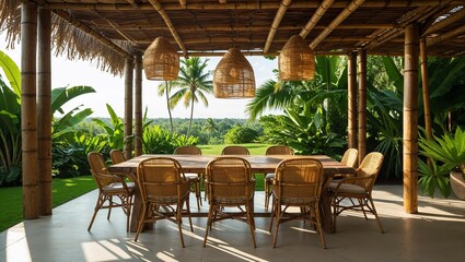 A tropical outdoor dining area with a rustic wooden table and eight rattan chairs, set under a shaded pergola made of bamboo and wooden beams.