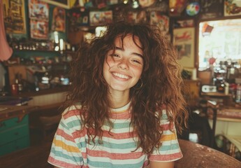 The viewpoint of a young woman engaged in a video call from her kitchen, where she works from home, looking at the camera, representing the concept of combining business and home office