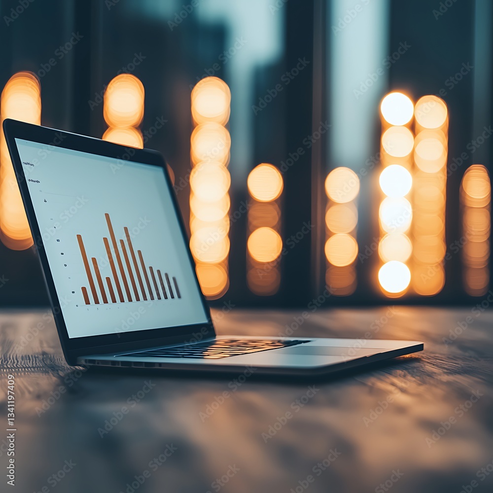 Poster a sleek laptop displays a colorful bar graph, set against a backdrop of warm, glowing lights, creati