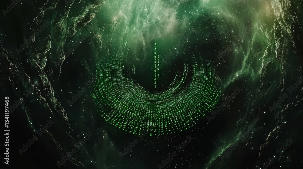 Poster binary code is set against a dark green background, representing a conceptual technology
