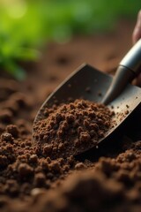 Trowel & hand rake, close-up; soil texture visible, garden, gardening, natural