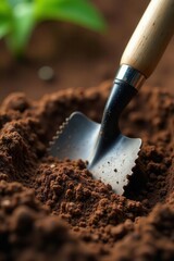 Trowel & hand rake, close-up; soil texture visible, metal, dirt, agriculture
