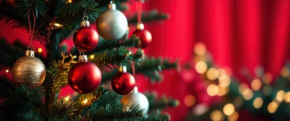 A festive Christmas tree adorned with ornaments, sparkling bokeh lights against a rich red backdrop, festive background, joyful
