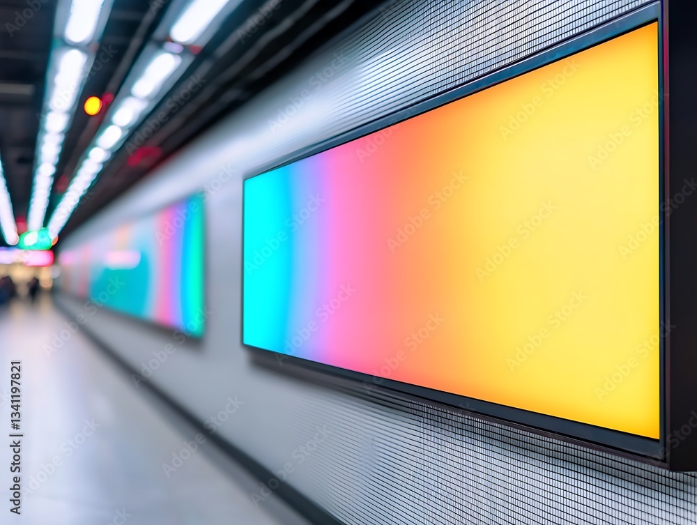 Poster a modern hallway featuring vibrant led screens displaying colorful gradients, creating a dynamic and