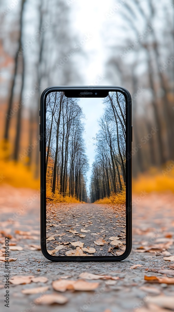 Poster a smartphone displays a scenic forest path surrounded by trees and fallen leaves, capturing the beau