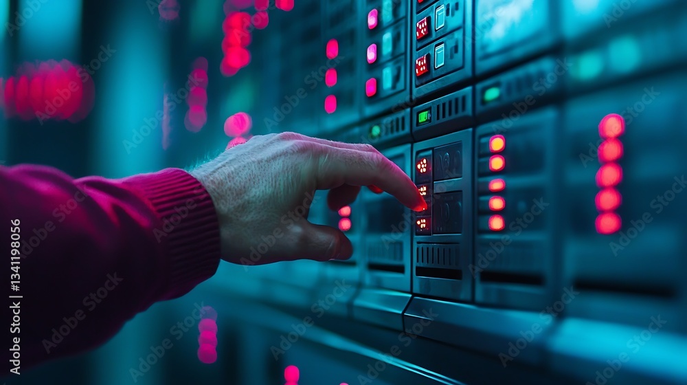 Poster a hand interacts with a high-tech server panel illuminated by colorful lights, suggesting data manag