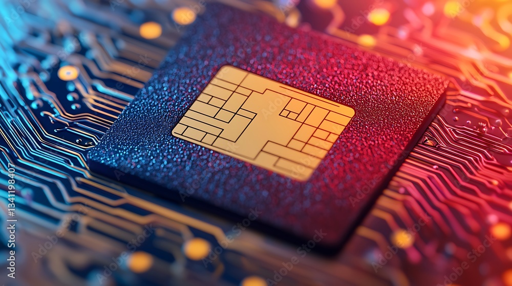 Aufkleber a close-up of a microchip on a circuit board, showcasing intricate patterns and vibrant colors, symb