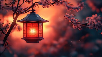 Soft, warm light lantern, blossom tree, serene sunset