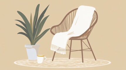 Rustic Wicker Chair with Plant and Cozy Blanket - Minimalist Home Decor