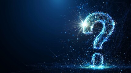 Obraz premium The screen displays a blue question mark amidst an abstract technology background illustrating a digital wireless network concept with dark connection lines