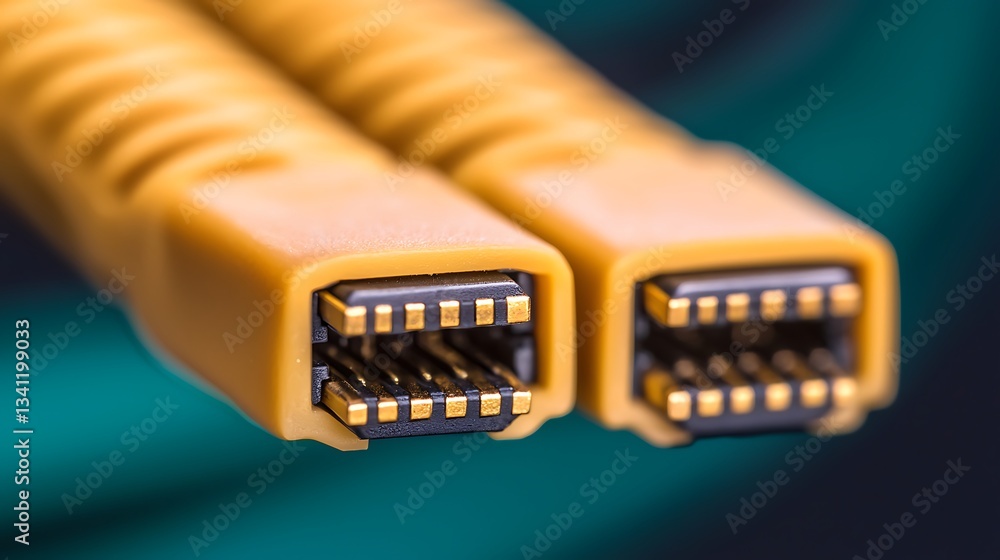Poster a close-up view of yellow connectors with multiple pins, showcasing intricate details against a blur