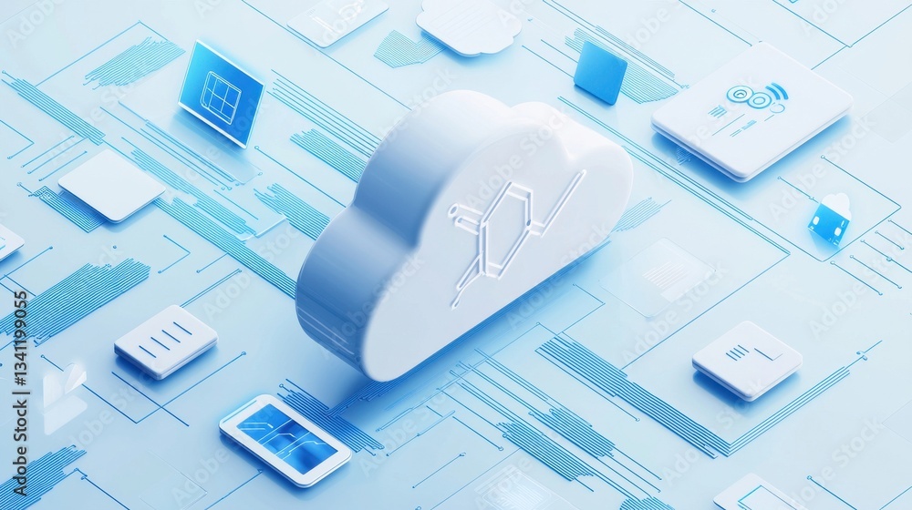 Poster modern cloud computing concept with iconic digital elements