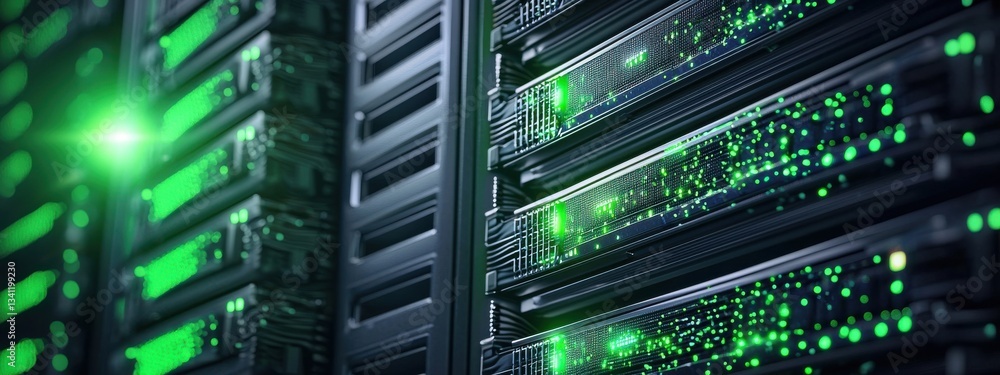 Poster advanced data storage servers with green light effects in data center