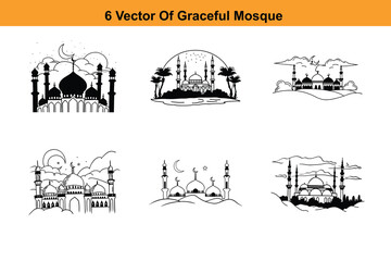 Fototapeta premium Minimalist mosque silhouette, black and orange Islamic art decor. Islamic mosque buildings in silhouette for background design, Banner design,
