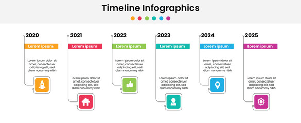 Infographic timeline template with 6 options. Colorful diagram, timeline and schedule isolated on light background. Easy to use for your website or presentation.