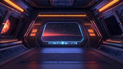 Obraz premium The Technology Corridor is characterized by its futuristic appearance and blue and orange lighting