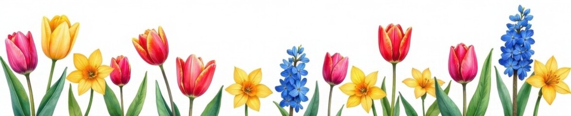 Fototapeta premium Vibrant watercolor tulips, daffodils, & hyacinths Spring bloom bouquet , close-up, design, hyacinths