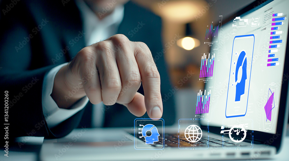 Aufkleber a focused individual interacts with an advanced digital interface, displaying intricate data visuali