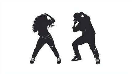 Fototapeta premium The illustration depicts the silhouettes of two human figures moving in dynamic dance poses, emphasizing the beauty of motion and emotional expression, making it suitable for representing artistic