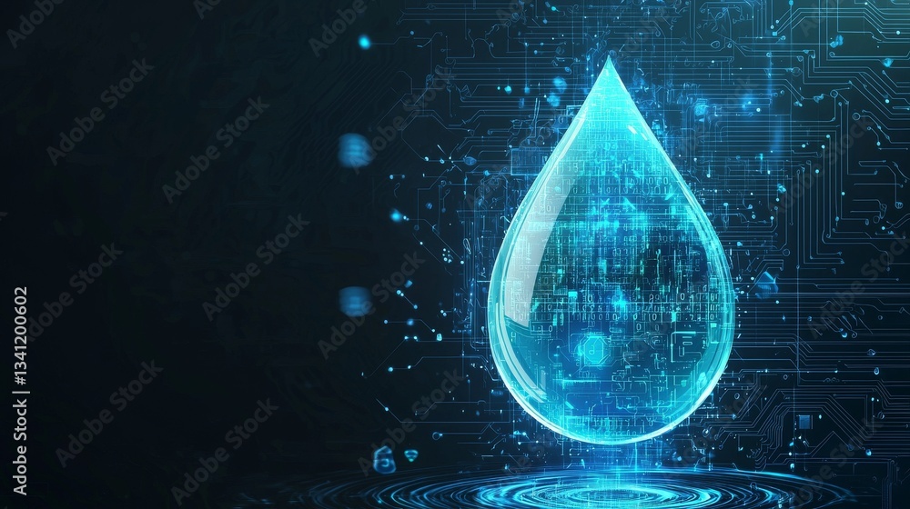 Poster incorporating binary code, a digital blue water drop icon is used in the stock of water resource man