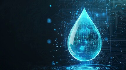 Incorporating binary code, a digital blue water drop icon is used in the stock of water resource management for purposes of hydrology modeling, environmental monitoring, and analysis that contribute