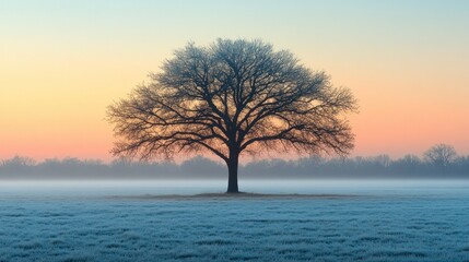Solitary tree in a frosty field at dawn