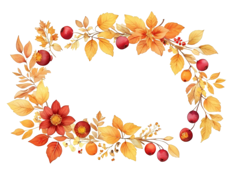 Autumn floral wreath with vibrant orange, red, and yellow blooms, perfect for clip art. Isolated transparent background 