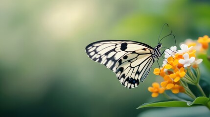 Fototapeta premium Elegant butterfly perched on vibrant flowers in soft natural light