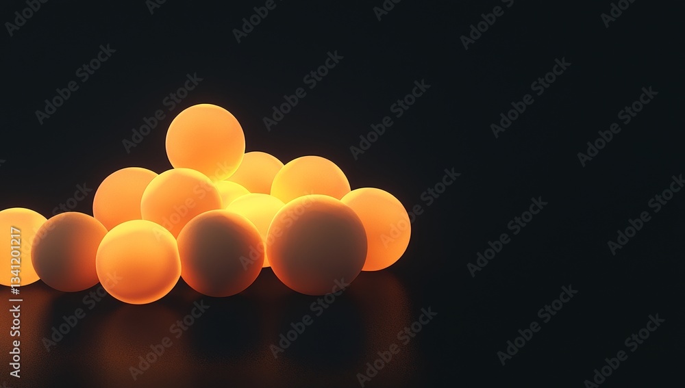 Poster glowing orange balls are depicted in a dark space through an abstract 3d rendering