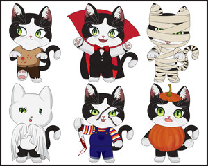 Fototapeta premium Halloween Cat Costume Characters 6 Kitty Cartoon Set