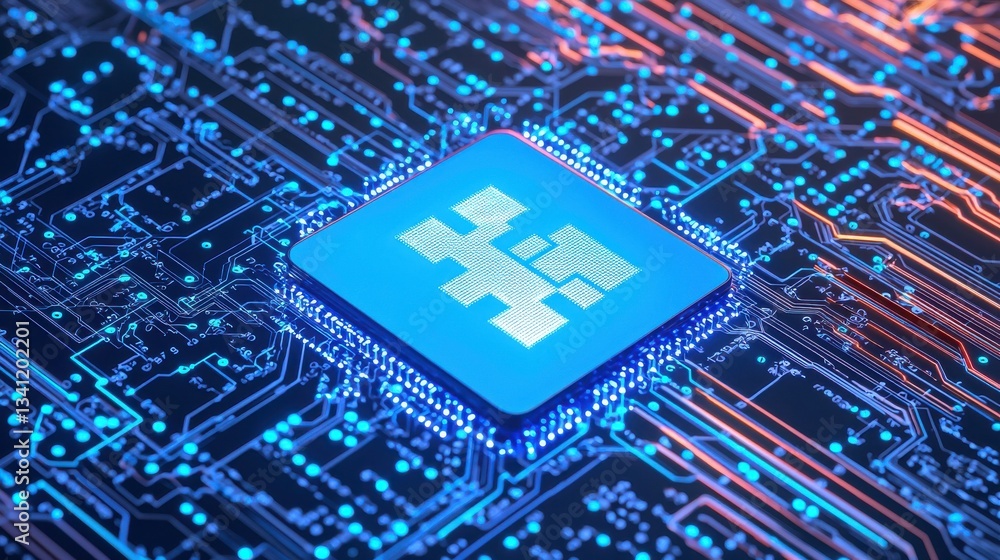Poster modern microchip technology on circuit board with glowing elements