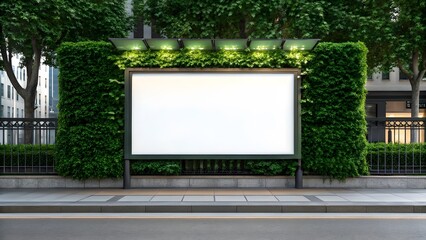 Obraz premium Blank Billboard surrounded by lush greenery and a charming urban backdrop, perfect for highlighting environmentally conscious or visually appealing campaigns.