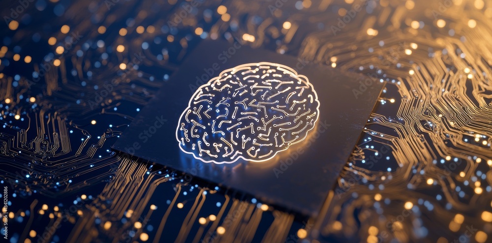 Poster an abstract digital brain with blue glowing circuits appears as a hologram on a blurry background, e