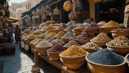 Fototapeta premium Spice market, bustling street, Arabian architecture, sunlight highlighting piles of dried goods