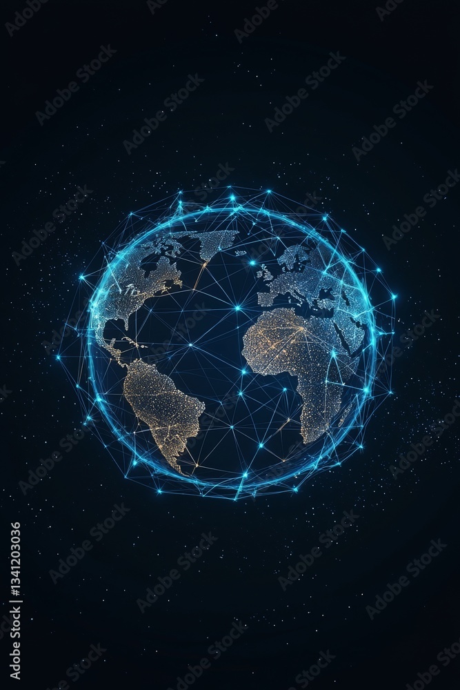 Poster the concept of a global network is illustrated through an abstract digital world map with data trans