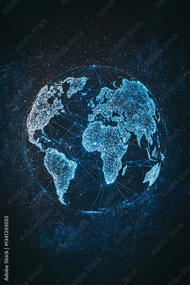 Poster blue glowing lines on a dark blue background form the foundation of an abstract digital world map th